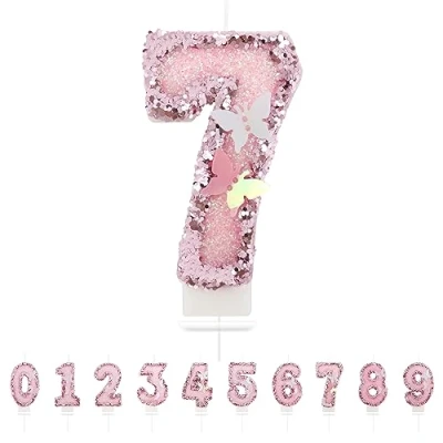 Afbeelding van Verjaardagskaarsen 7 jaar, 3D vlinderkaarsen, cijfer 7, roze kaarsen, taartdecoratie, geschikt voor verjaardagsfeesten, babyshower