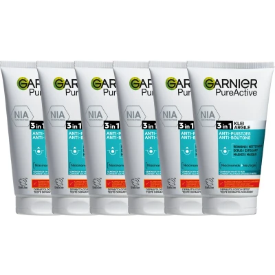 Afbeelding van 6x Garnier PureActive 3 in 1 Gezichtsreiniging met Klei 150 ml