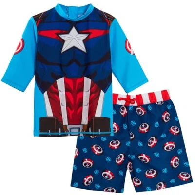 Afbeelding van Marvel Captain America Zwemshorts + Rash Vest 2 delige Zwemset voor Kinderen Surf Top Boardshorts Zwemset, blauw, 4 5 Jaren