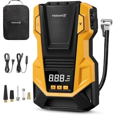 Afbeelding van Feegar Compressor voor de auto, 12 V DC/230 AC, dubbele stroombronnen, metalen cilinder, hoge druk tot 10,3 bar, max. luchtverplaatsing van 36 l/min, multifunctionele luchtcompressor fiets,