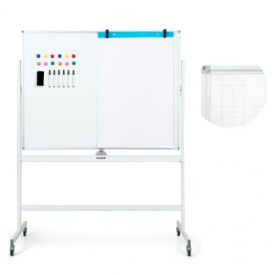 Afbeelding van COSTWAY Dubbelzijdig mobiel whiteboard, 120 x 90 cm, droog afwasbaar magnetisch whiteboard met rasterpatroon, rollen, standaard en pennenbakje, incl. accessoires voor kantoor, thuis (wit)