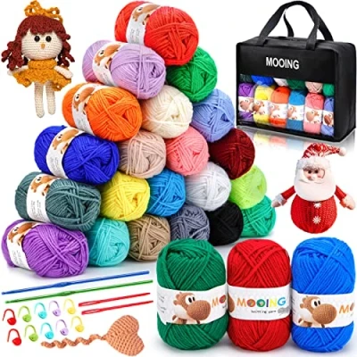 Afbeelding van MOOING Acrylwolle Set, 24 Farben Wolle Baumwolle mit 2 Häkelnadeln, 40g Baumwollgarn, zum Stricken zur Herstellung von Haustierkleidung, Hüten, Handtüchern, Handschuhen