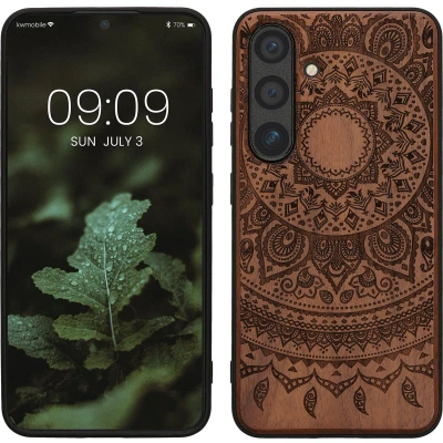 Afbeelding van kwmobile telefoonhoesje geschikt voorSamsung Galaxy S24 Hoesje met bumper hout In donkerbruin Indian Sun design