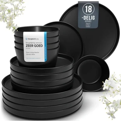 Afbeelding van Steengoed Zwart Serviesset voor 6 Personen Manhattan 18 delig Mat Servies Vaatwasser en Magnetronbestendig Borden Set Zwarte Urban Style