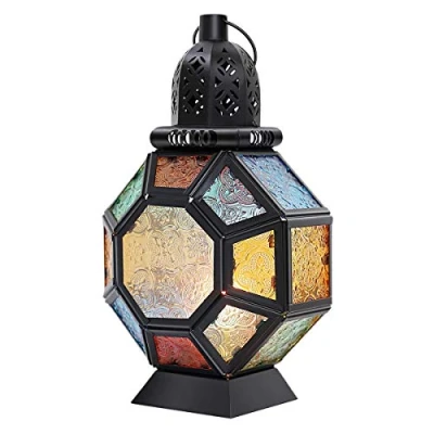 Afbeelding van KVSERT Retro ijzeren kaars lantaarn,Draagbare Marokkaanse glas in lood houder opknoping lamp paard licht wind lantaarn, Home Decor