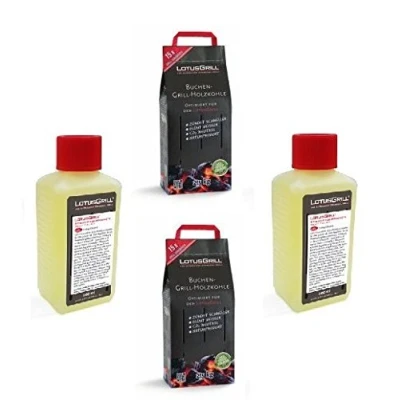 Afbeelding van 2 x LotusGrill beukenhoutskool zak van 2,5 kg incl. brandpasta 200 ml, beide ontwikkeld voor rookarm grillen met de