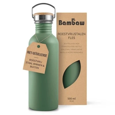 Afbeelding van Bambaw® Waterfles 500 ml Enkelwandige drinkfles RVS Niet Geïsoleerd Lekvrij, en Plasticvrij met Bamboe Dop Water Fles Perfect voor Reizen, Werk, Yoga, Wandelen Dagelijks Gebruik groen