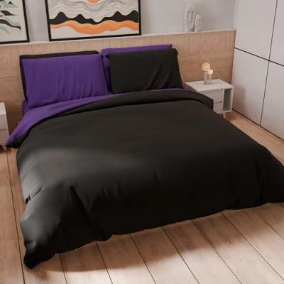 Afbeelding van PETTI Artigiani Italiani dekbedovertrek voor tweepersoonsbed, en kussenslopen van microvezel, tweekleurig zwart/paars, 100% Made in Italy