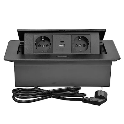 Afbeelding van CHENGPI Uitschuifbaar stopcontact voor inbouw op kantoor, verborgen pop up met 2 stopcontacten 220 V/16 A en USB poorten 5 V/3,1 A, blok werkblad type C PD18W, kabel 1,8 m