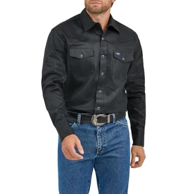 Afbeelding van Wrangler Herenwerkshirt met Cowboy Cut, stevige afwerking, lange mouwen, western drukknopen en effen kleur., Zwart, L