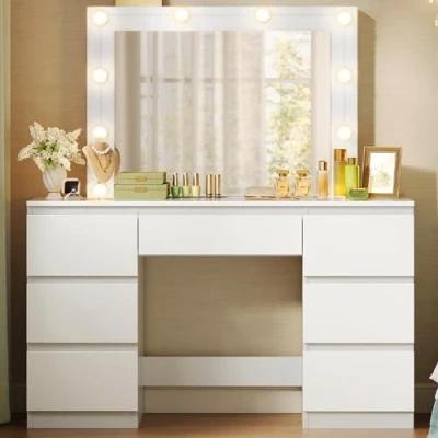 Afbeelding van WOLTU kaptafel met LED verlichting, make uptafel spiegel, 7 laden, instelbare helderheid, gemaakt van hout, 110x140,5x39,5 cm, modern, wit