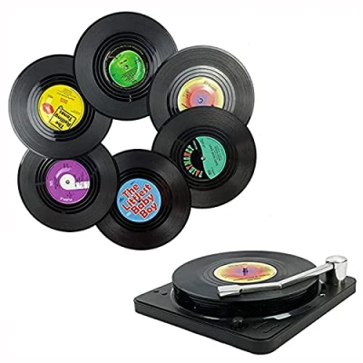 Afbeelding van JINGLING 6 stks Drink Coaster Set, Retro Record Vinyl Onderzetters Met Platenspeler Houder, Antislip Onderzetters, Ronde Thee Koffie Cup Drankmatten, Tafelblad Protectio