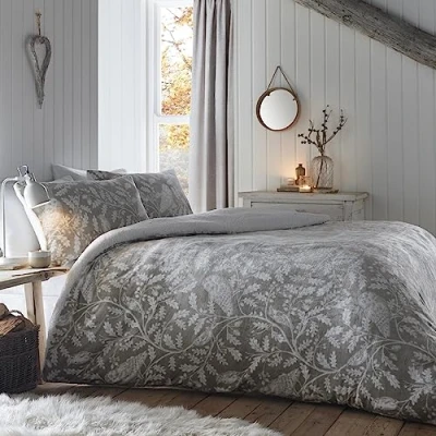Afbeelding van Dreams &amp; Drapes Grijs dekbedovertrek van teddy fleece met uil tweepersoons beddengoed (200 x 200 cm) zacht en gezellig in bos lichtgrijs bos/bosdieren