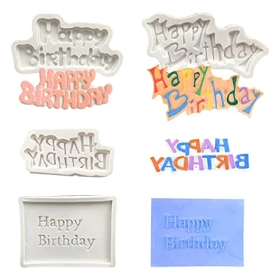 Afbeelding van Rolin Roly 4 Pcs Letter Fondant Mold Happy Birthday Silicone Molds Cake Candy Baking Best Wishes Congratulations Chocolate Polymer Clay Mould for DIY Topper Decoration