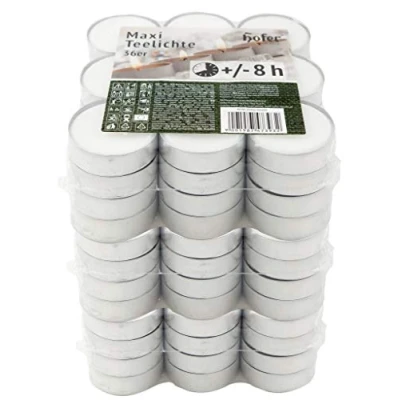 Afbeelding van Hofer Theelicht Maxi Kaarsen Groot 57mm Wax en Druipvrije Duur 8 Uur Natuurlijke Witte Ongeparfumeerde Set van 108 Stuks