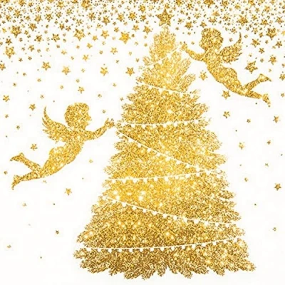 Afbeelding van 20 servetten gouden engel aan de boom goud winter Kerstmis tafeldecoratie decoupage servettechniek 33x33cm