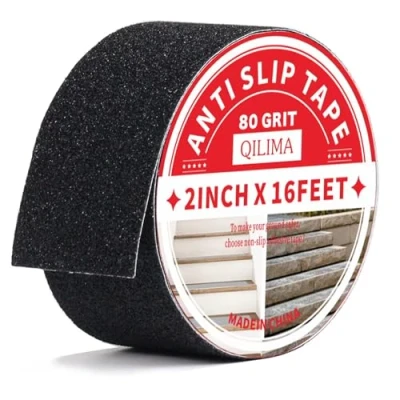 Afbeelding van QILIMA antislip plakstrip met zelfklevend, 5 cm x m, waterdicht plakband, trappenband, lijm, hoge tractie, pad voor vloerbedekking binnen en buiten, zwart