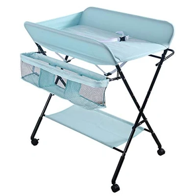 Afbeelding van Verschoontafel Baby Opvouwbaar en Draagbaar, in Hoogte Verstelbaar, Luiertafel commode met 4 Wielen, Verzorgingstafel Giraffe Patroon (Hemelsblauw)