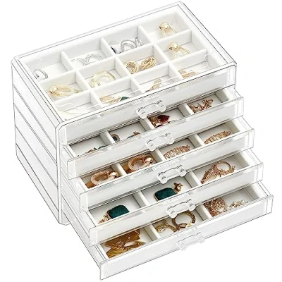 Afbeelding van ProCase Acryl Oorbel Opbergorganizer Sieraden Organizer Doos met 5 Laden, Stapelbare Houder Clear Earring Case Verstelbare Trays voor Vrouwen op Dresser Vanity Warmwit, Lagen