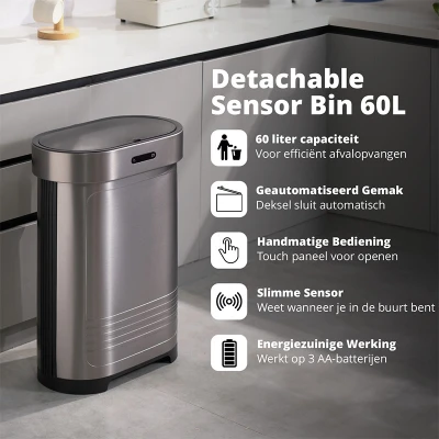 Afbeelding van FlinQ Sensor Bin 60L Prullenbak Vuilnisbak met en Softclose Deksel Afvalbak Industrieel Design RVS Afvalemmer