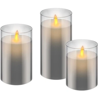Afbeelding van LED vlam flakker kaars in grijs glas set van 3