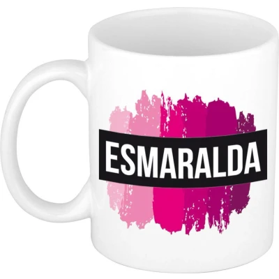 Afbeelding van Esmaralda Naam / voornaam kado beker mok roze verfstrepen Gepersonaliseerde met mokken