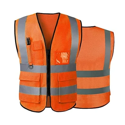 Afbeelding van AKEIVN Veiligheidsvest van mesh voor dames en heren, hoge zichtbaarheid, reflecterende veiligheid met zakken, ritssluiting voor, voldoet aan de ANSI/ISEA normen, oranje mesh, XXL