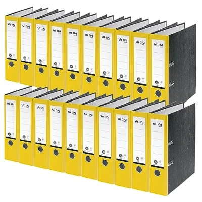 Afbeelding van Von Leitz Ordner A4, verpakking van 20, 100% gerecycled papier, 80 mm rugbreedte, Leitz, voor 600 vellen, blauwe engel &amp; FSC gecertificeerd, school, studie en thuis, geel, 10530015