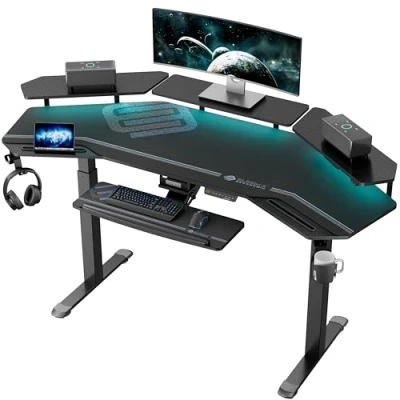 Afbeelding van EUREKA ERGONOMIC Elektrisch sta bureau, 182 x 76 cm, vleugelvormig gamingbureau, in hoogte verstelbaar, groot studio computerbureau met led converteerbare monitorplanken, toetsenbordlade