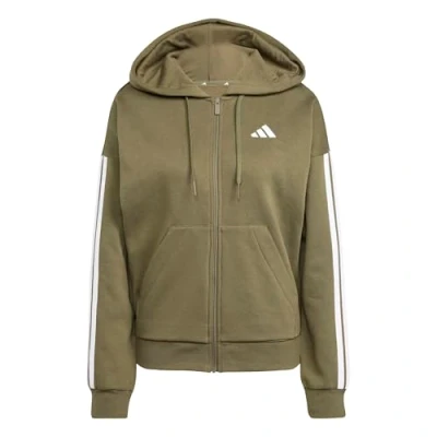 Afbeelding van adidas Dames ESSENTIALS 3 STRIPES FULL ZIP FLEECE HOODIE, olive strata/white, XS