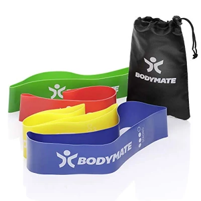 Afbeelding van BODYMATE Fitnessbandenset met 4 sterktes en transporttas 60 cm omtrek x 5 breedte Gymnastiekbanden, band loops van natuurlatex Weerstandsbanden voor functionele training