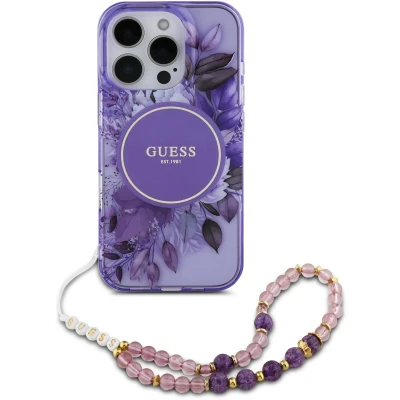 Afbeelding van Guess Hoesje Geschikt voor iPhone 16 Pro Max Met Koord MagSafe IML Case Flowers with beads strap paars