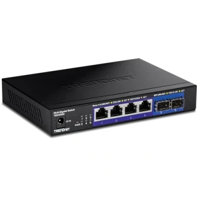 Afbeelding van TRENDnet 6 poorts onbeheerde multi gig schakelaar, 4 x 2,5 GBASE T poorten, 2 10G SFP+ poorten zonder ventilator, compact desktopontwerp, metalen behuizing, netwerk ethernet levenslange