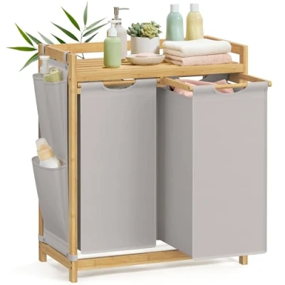 Afbeelding van SONGMICS 2 compartimenten bamboe wasmand, 100 L wassorteerder, met plank, waszak, kleine zijvakken, wasrek, x 50 L, 63 33 78 cm, rookgrijs RLH100G02