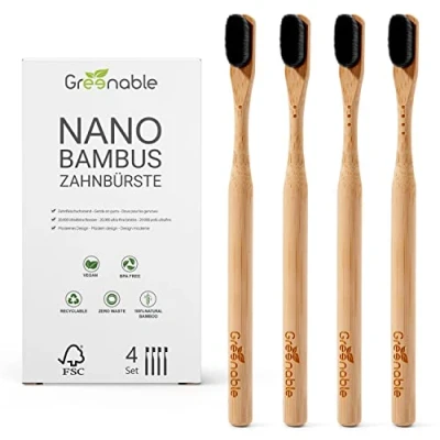 Afbeelding van Greenable ® Nano tandenborstel van bamboe, set 4, 20.000 extra zachte borstelharen, 100% BPA vrij, bamboe tandenborstel, veganistische en milieuvriendelijke (zwart)