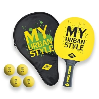 Afbeelding van Donic Schildkröt 788485 Tafeltennis cadeauset My Urban Style, 1 racket, 3 ballen, batjeshoes,één maat zwart geel