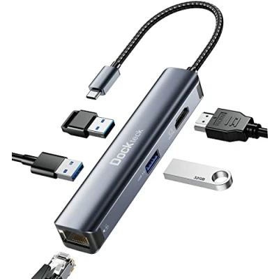 Afbeelding van Dockteck USB C Hub met HDMI 4K, Ethernet, 3 3.0, Docking Station Aluminium Compatibel Steam Deck, MacBook Air/Pro, iPad Pro/Air, Surface Pro 9/8/7, Galaxy S23/ S22
