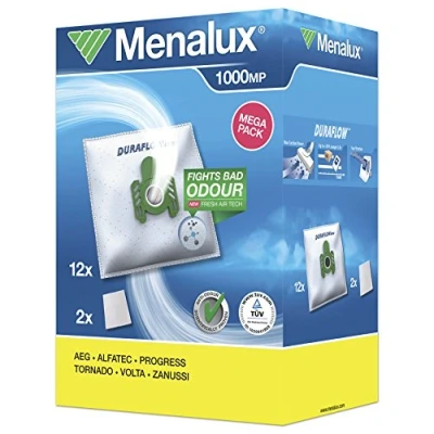 Afbeelding van Menalux 1000 MP 12 stofzakken incl. 2 microfilters (synthetische stofzak, hoge zuigkracht &amp; filtratie, hygiënische sluiting, anti geur, neutraliseert geuren, scheurbestendig, 50% levensduur, wit)