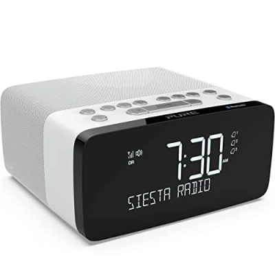 Afbeelding van Pure Siesta Charge Bluetooth wekker digitaal met oplaadpad DAB/DAB+ digitale en FM wekker, Bluetooth, USB, draadloos mobiele telefoonlaadstation, 40 zenderopslagplaatsen, AUX, wit