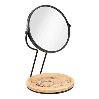 Afbeelding van Navaris make up spiegel met sieradentray Dubbelzijdige tafelspiegel Staande 17 cm Ø Industrieel en modern design