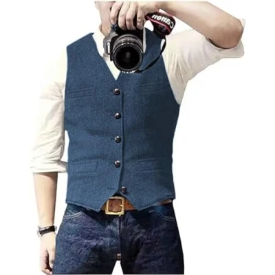Afbeelding van Solovedress Casual wollen vest met visgraatpatroon voor onder pak, v hals, tweedvest bruiloft, groomsmen, blauw, XL