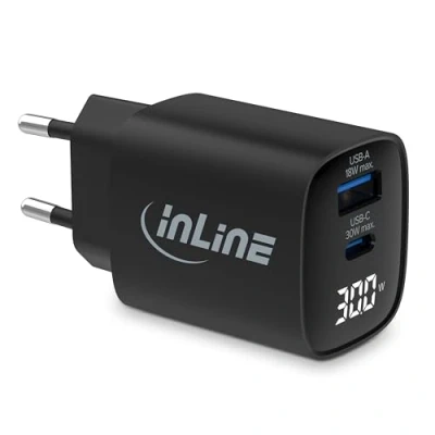 Afbeelding van InLine USB oplader, 2 poorten, digitaal display met actueel energieverbruik, 1x C + A, GaN, 30W, snellader, PD3.0, QC3.0, voeding voor iPhone/Pro/Mini, Samsung en meer, 31550