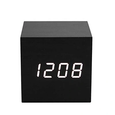 Afbeelding van ThreeH Digitale Wekker Houten Kubus kleine klok met LED Tijdkalender Temperatuurweergave Geluidsregeling, Intelligente Inductie USB/Batterijgevoede voor Thuiskantoor AC10 Black_White