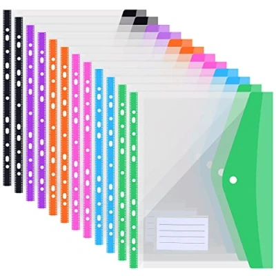 Afbeelding van 12 stuks geperforeerde zakken A4 plastic portefeuilles, uitbreidbaar 11 gaten ringmap, envelop bestandsmappen met drukknoop en labelvak voor school, thuiskantoor, 6 kleuren