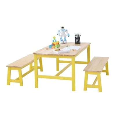 Afbeelding van VEVOR kinderzitgroep kindertafel, 2 banken, 1 tafel van massief hout, kindertafelset, stabiel kindermeubel, zitmeubel voor kinderen, meisjes, jongens, speelkamer, kindermeubelset, geel