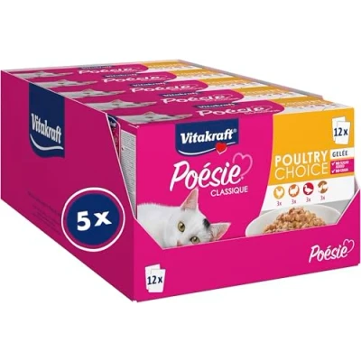 Afbeelding van Vitakraft Poésie Classique Kattenvoer, nat, multipack, met kip, kalkoen, gevogelte en eend, voor volwassen katten, zonder toegevoegde suiker granen (5 pakketten van 12 x 85 g)