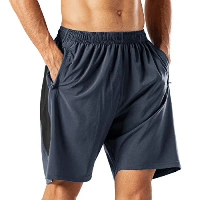 Afbeelding van korte hardloopbroek voor heren, sneldrogend, sport, broek met ritszak, grijs., L