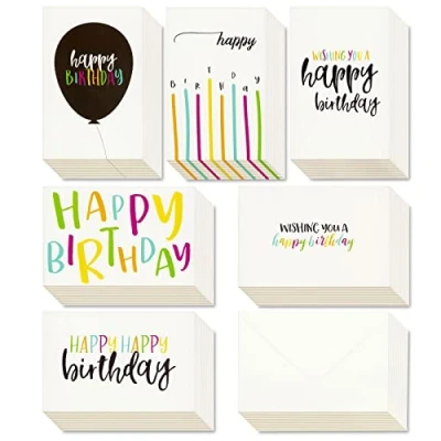 Afbeelding van Happy Birthday wenskaarten (48 pack) 6 handgeschreven moderne stijl, kleurrijke ontwerpen blanco aan de binnenkant, enveloppen inbegrepen 10 x 15 centimeter