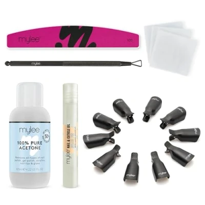 Afbeelding van Mylee Take Off Nagel Gellak Remover Kit: Set voor Snelle, Probleemloze Resultaten van Salonkwaliteit Met Aceton, Herbruikbare Clips, Nageldoekjes, Nagelvijl, Nagelriemoliepen &amp; Schraper