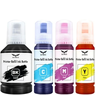 Afbeelding van ULTRICS Printer Inkt Fles, Professionele Navulbare Multi Kleuren 4 Pack Hervulbare Inktcartridges, CISS Systeem Compatibel met Epson Canon Brother Lexmark HP Dell Kodak Zwart 140ml, C M Y 70ml Elk